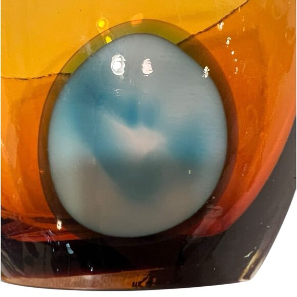 Waterford Evolution Amber Glass Bowl Blue Swirl Signed 6"x8" Luxe Decor - Picture 9 of 10